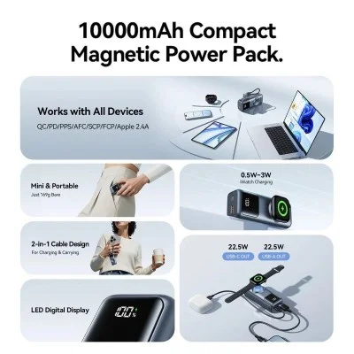 Vention mini 10000mah power bank (usb-c + usb-a) with built-in usb-c  cable and apple watch charging area 22.5w led display type - gray